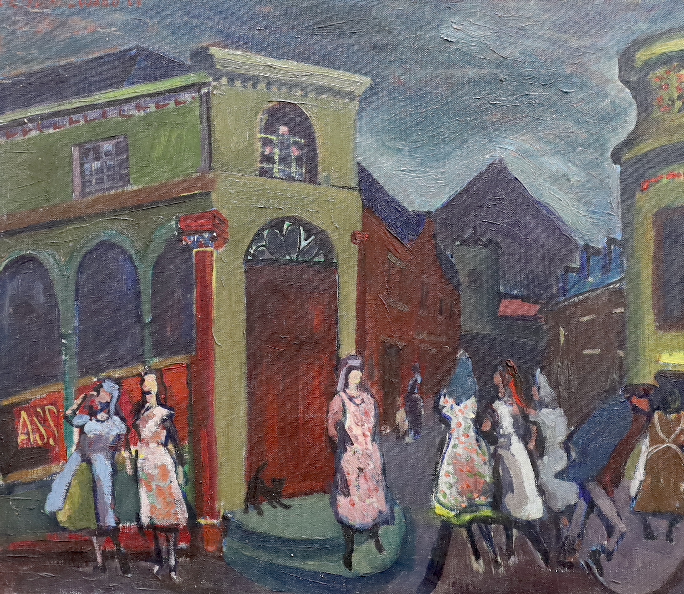 Frith Milward (1906–1982), oil on canvas, Town scene with figures, 50 x 61cm, unframed
